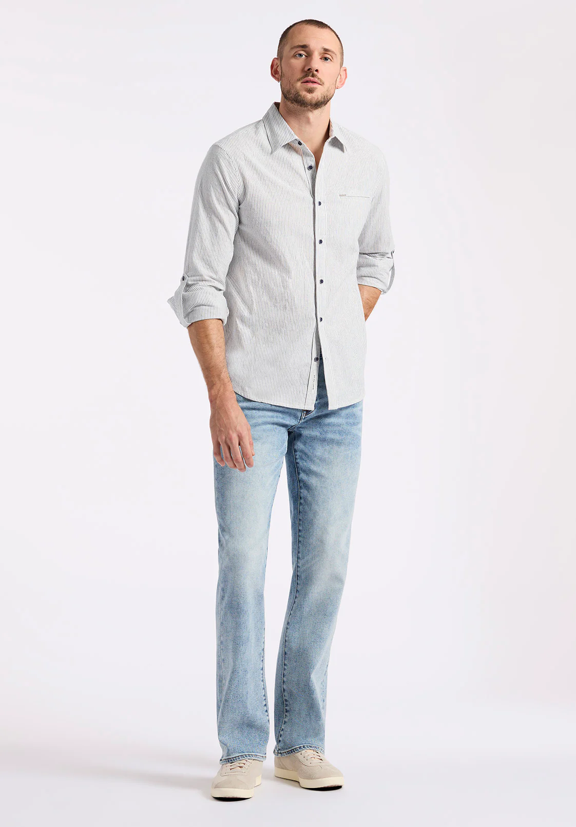 Simbio Men's Long-Sleeve Linen Blend Striped Fitted Shirt, Moonlight Blue - BM24561