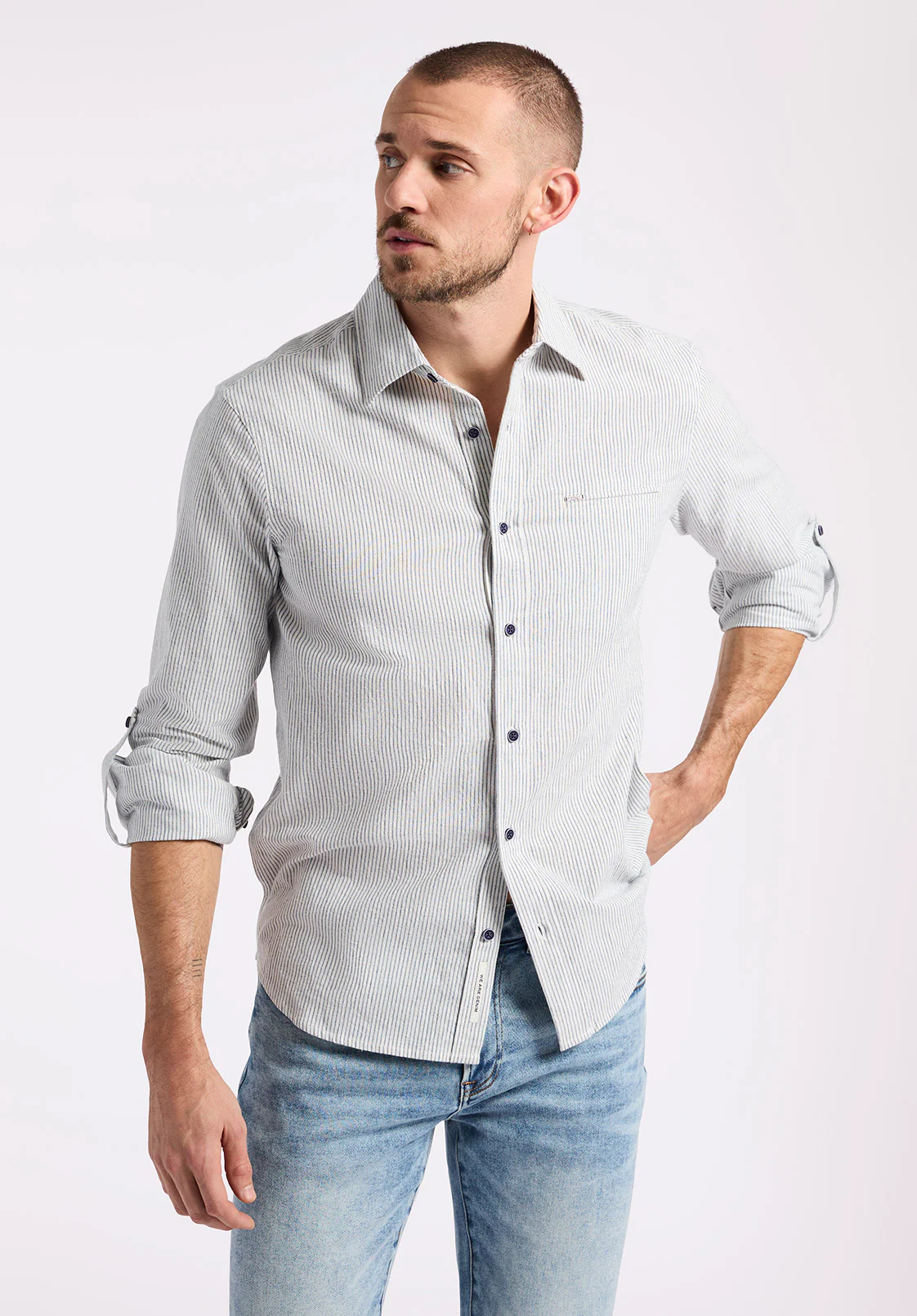 Simbio Men's Long-Sleeve Linen Blend Striped Fitted Shirt, Moonlight Blue - BM24561 - Image 2