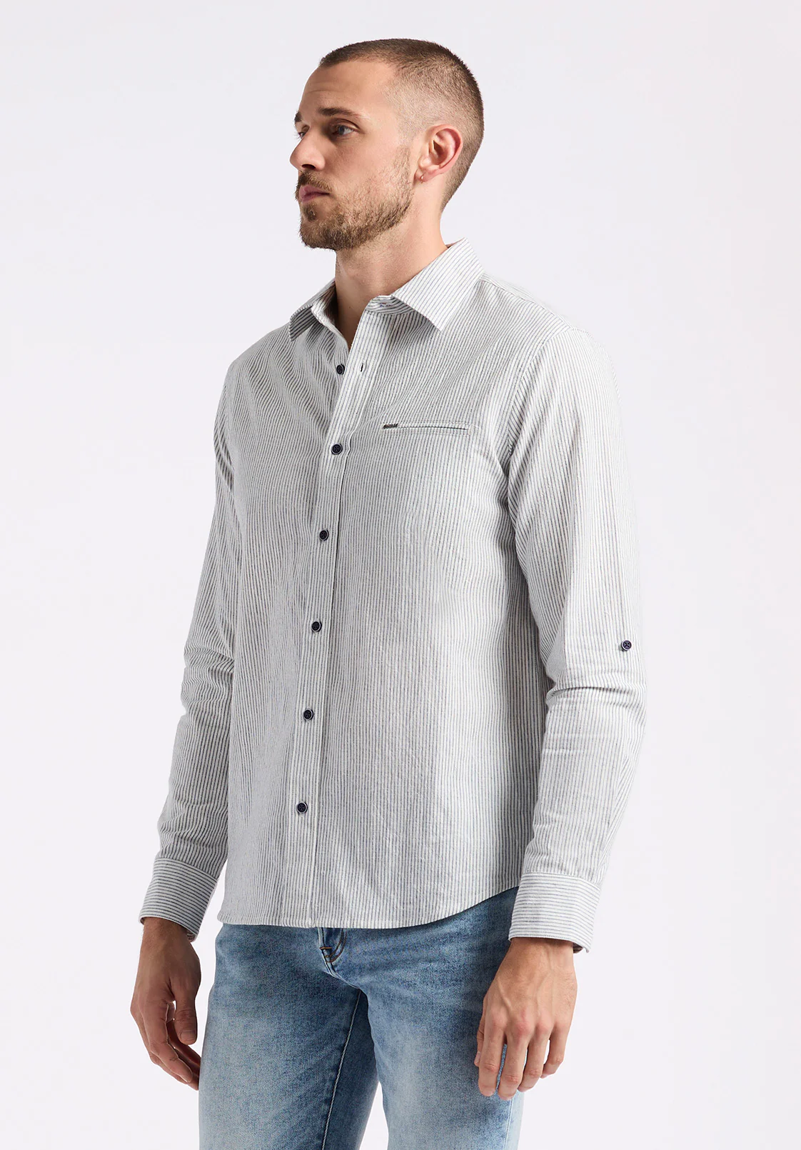 Simbio Men's Long-Sleeve Linen Blend Striped Fitted Shirt, Moonlight Blue - BM24561 - Image 3