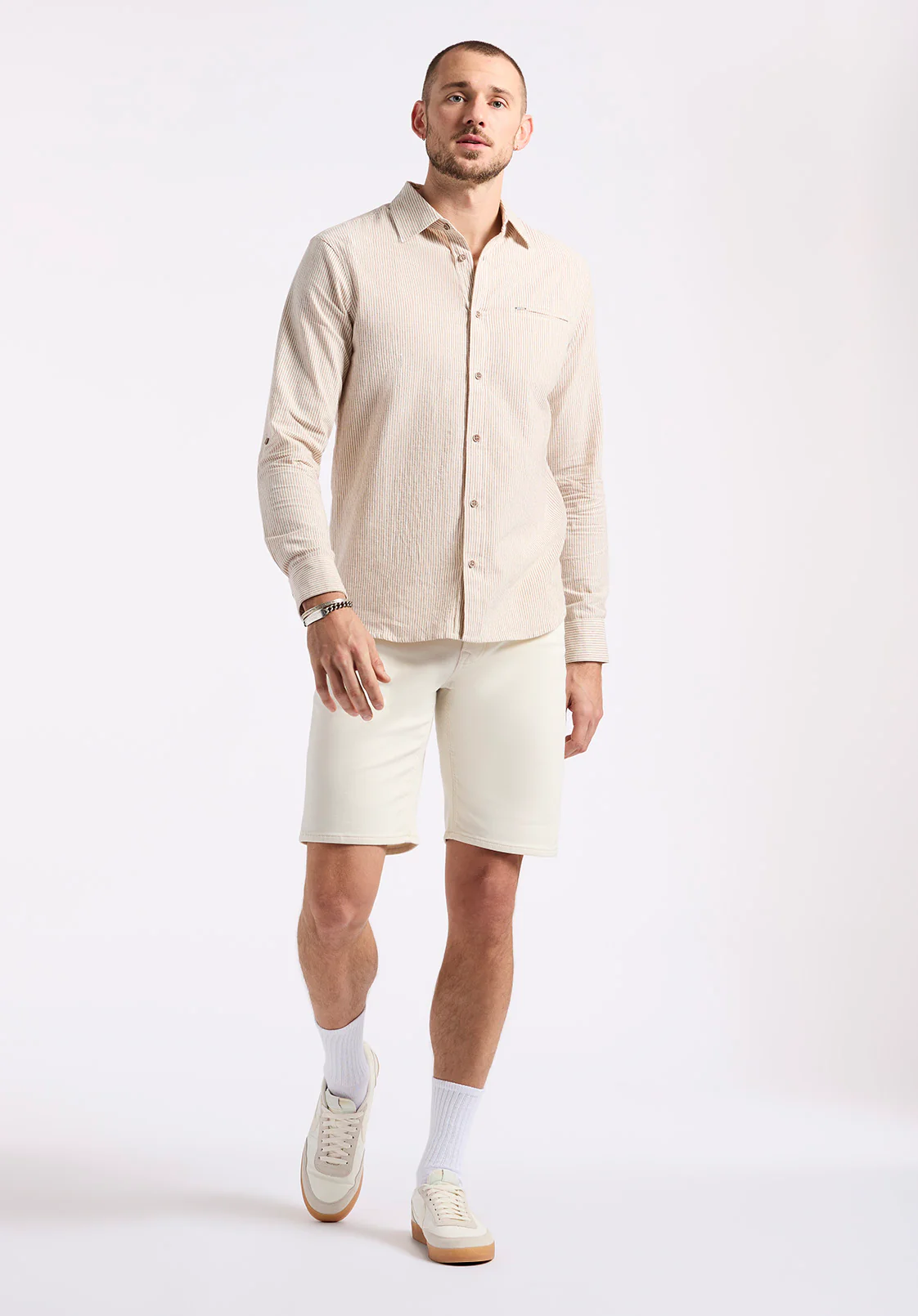 Simbio Men's Long-Sleeve Linen Blend Striped Fitted Shirt, Woodsmoke Beige - BM24561