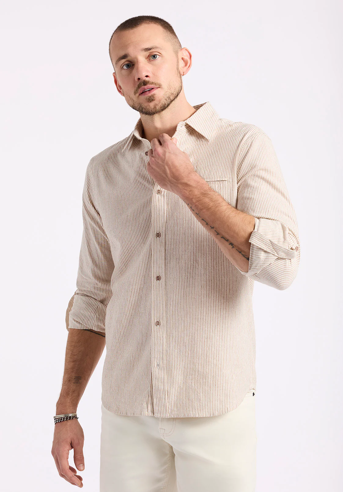 Simbio Men's Long-Sleeve Linen Blend Striped Fitted Shirt, Woodsmoke Beige - BM24561 - Image 2