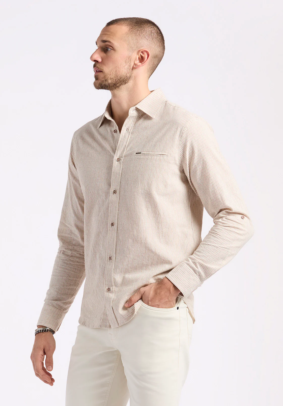 Simbio Men's Long-Sleeve Linen Blend Striped Fitted Shirt, Woodsmoke Beige - BM24561 - Image 3