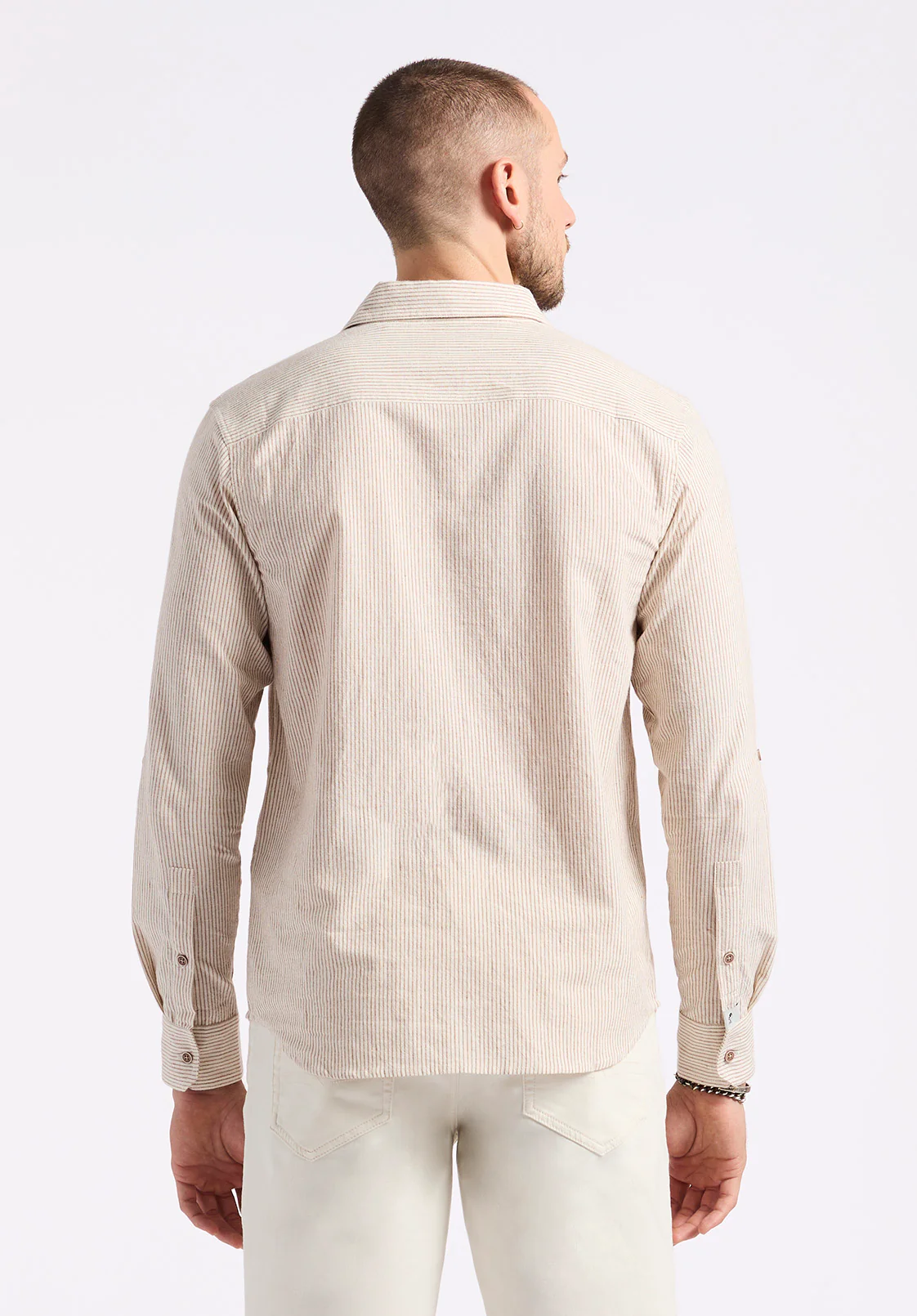 Simbio Men's Long-Sleeve Linen Blend Striped Fitted Shirt, Woodsmoke Beige - BM24561 - Image 4