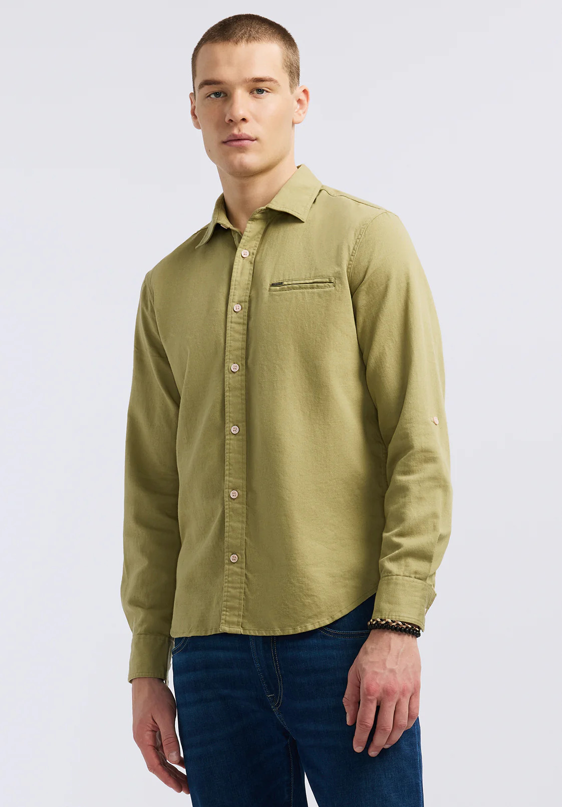 Simbio Men's Long-Sleeve Linen Blend Fitted Shirt, Green Olive - BM24617 - Image 3