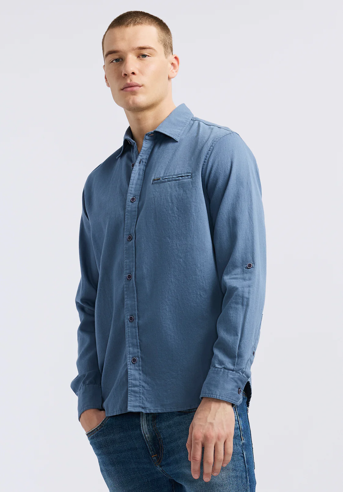 Simbio Men's Long-Sleeve Linen Blend Fitted Shirt, Moonlight Blue - BM24617 - Image 3