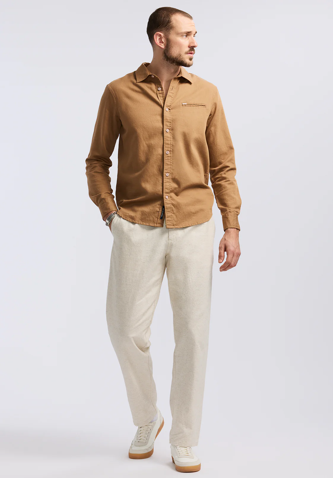 Simbio Men's Long-Sleeve Linen Blend Fitted Shirt, Woodsmoke - BM24617