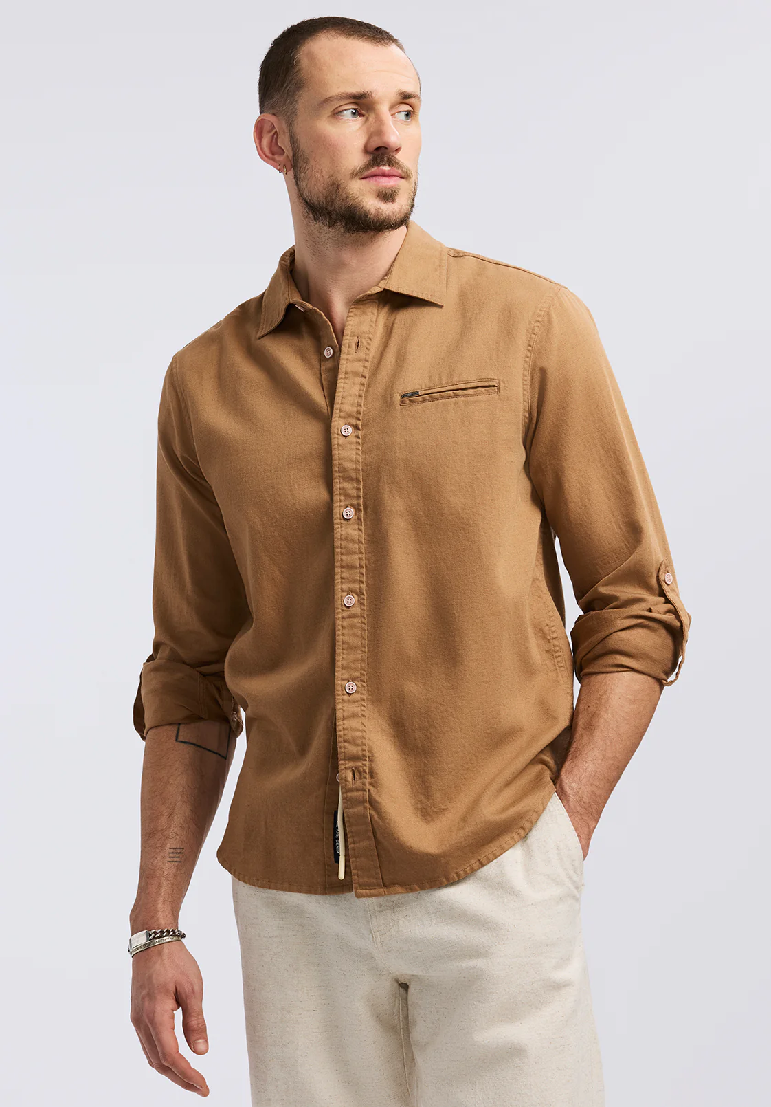 Simbio Men's Long-Sleeve Linen Blend Fitted Shirt, Woodsmoke - BM24617 - Image 2