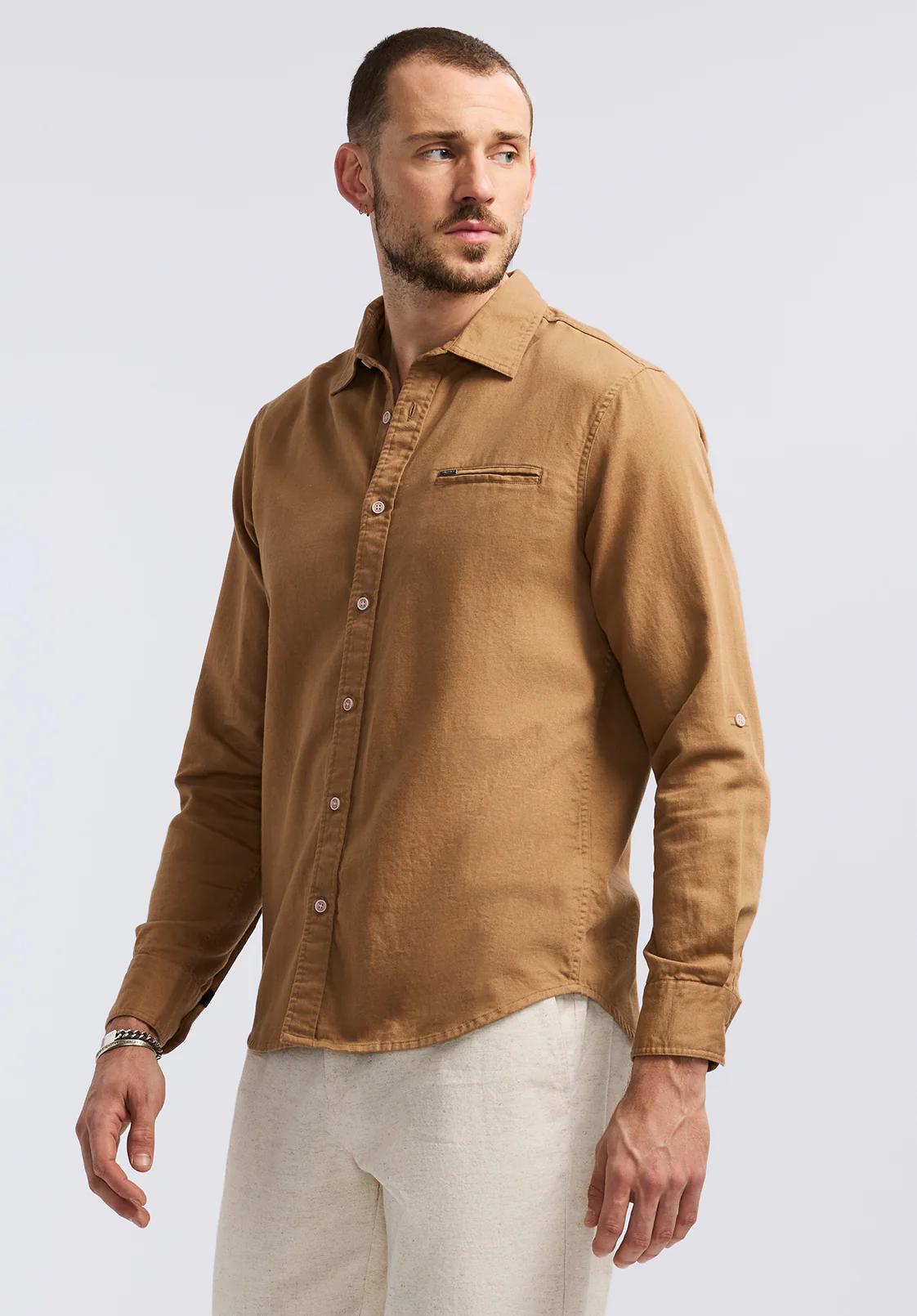 Simbio Men's Long-Sleeve Linen Blend Fitted Shirt, Woodsmoke - BM24617 - Image 3