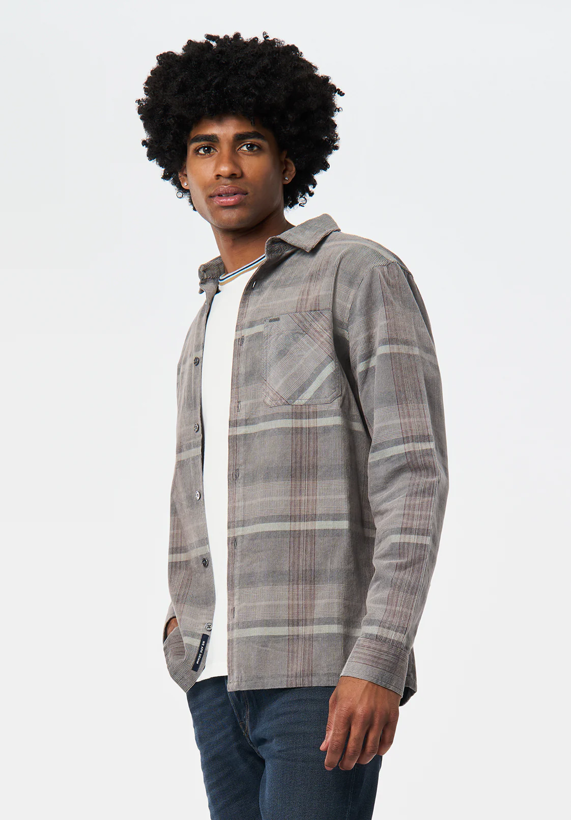 Sinclair Men’s Long-Sleeve Plaid Corduroy Shirt with Chest Pocket, Gray Pinstripe - BM24693 - Image 3