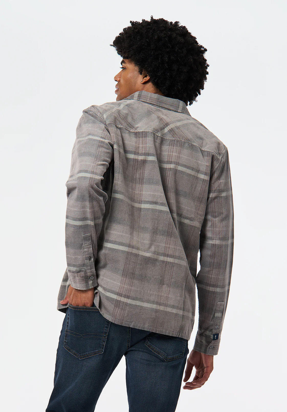 Sinclair Men’s Long-Sleeve Plaid Corduroy Shirt with Chest Pocket, Gray Pinstripe - BM24693 - Image 4