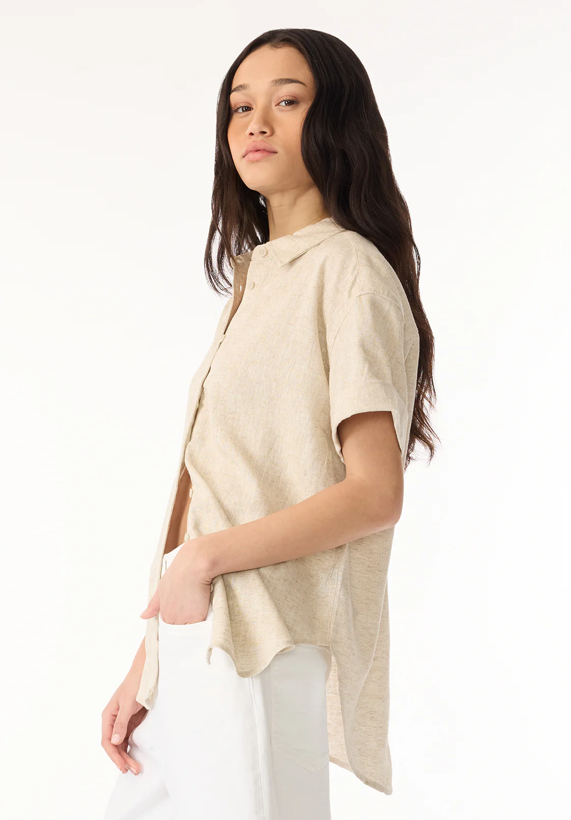 Solana Women's Linen Short-Sleeve Button-Up Shirt, Beige - WT0172P - Image 3