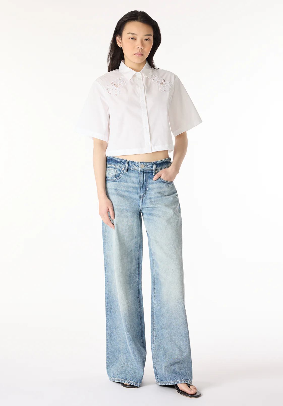Sorcha Women's Short-Sleeve Cropped Shirt with Embroidered Floral Details, White - WT0158P