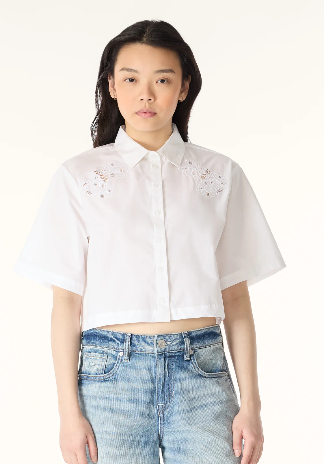 Sorcha Women's Short-Sleeve Cropped Shirt with Embroidered Floral Details, White - WT0158P - Image 2