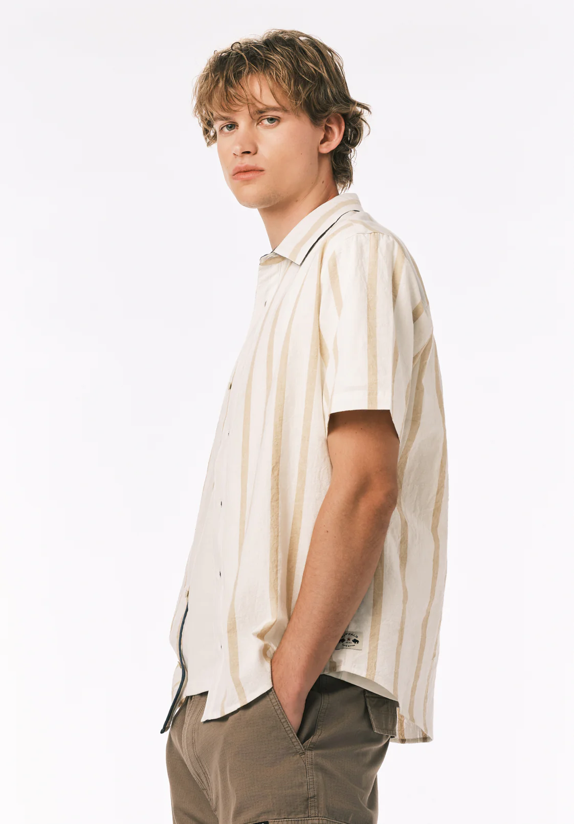 Sulian Men’s Short Sleeve Striped Shirt, Milk - BM24802 - Image 3