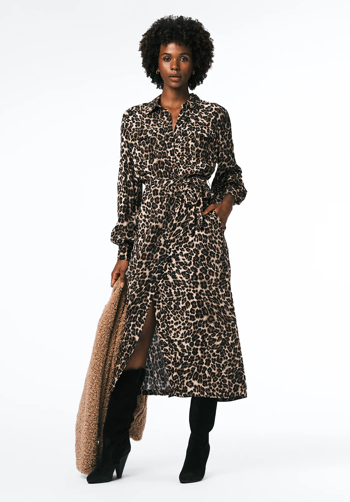Sunnie Women's Long Sleeve Belted Shirt Dress with Animal Print, Leopard - WD0109 - Image 4
