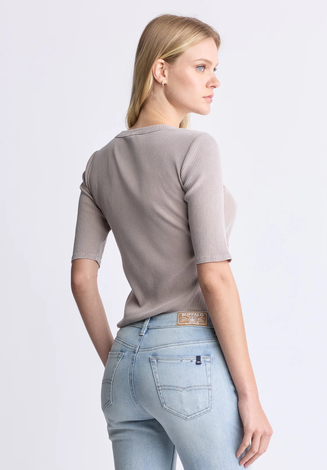 Tabbey Women's Ribbed Half-Sleeve Top, Taupe - KT0172H - Image 4