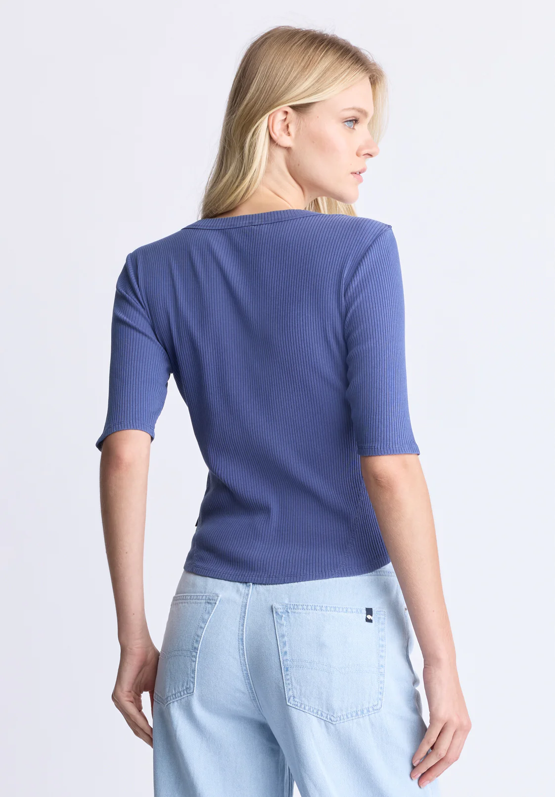 Tabbey Women's Ribbed Half-Sleeve Top, Blue - KT0172H - Image 4