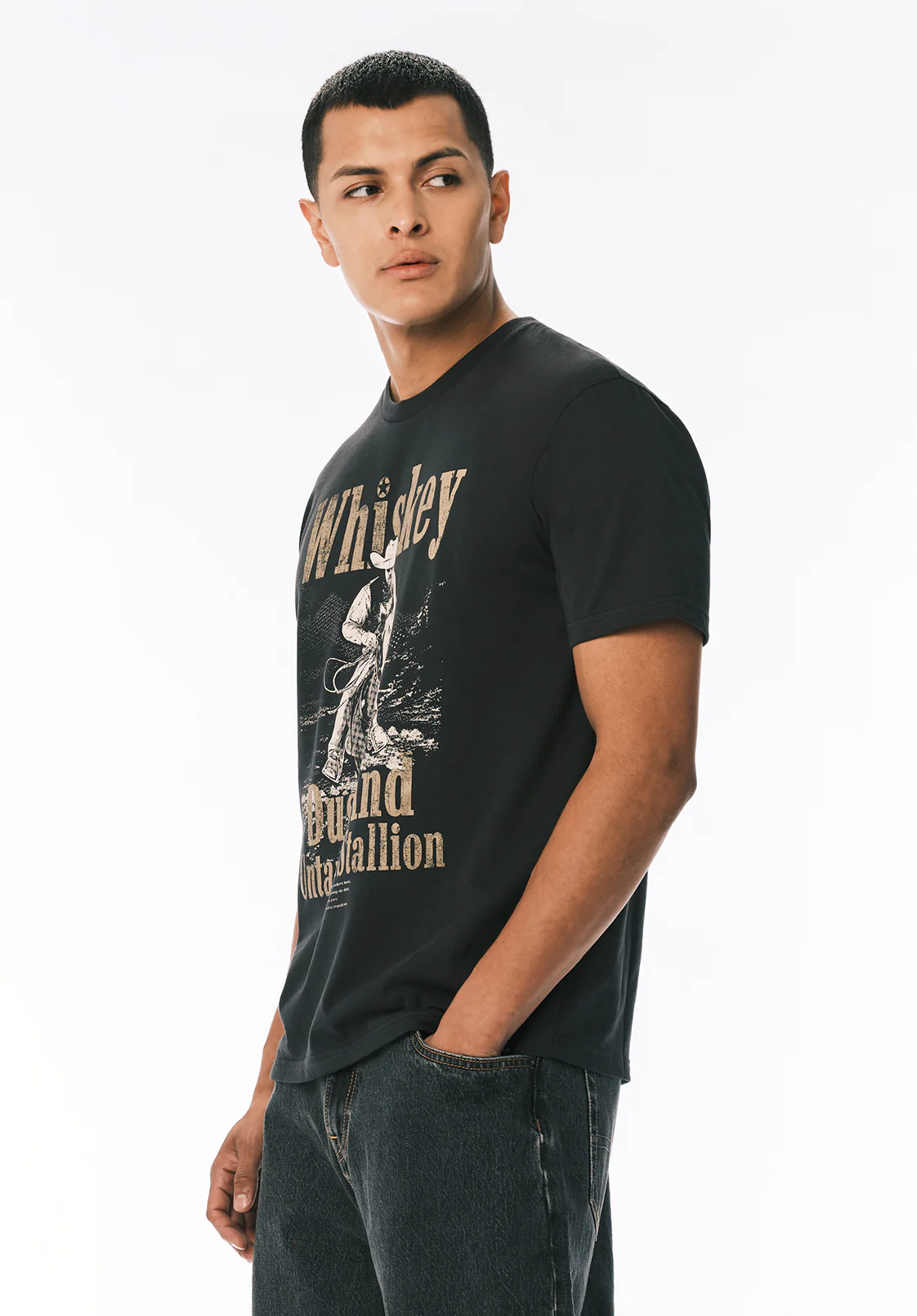 Tafo Men’s Graphic T-Shirt with Whiskey Cowboy Print, Black - BM24819 - Image 3