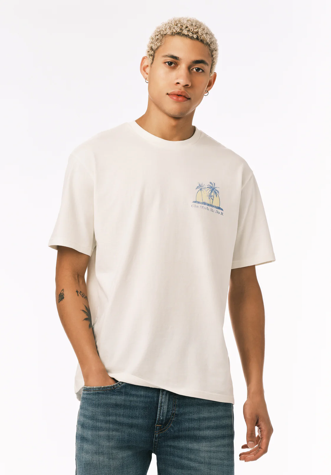 Tazro Men’s Tropical Palm And Gin Graphic T-Shirt, Milk - BM24834 - Image 3