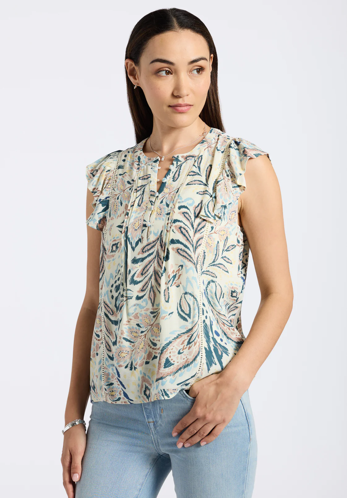 Tinlee Women's Sleeveless Floral Ruffle Blouse with Pintuck Details, Paisley - WT0175P - Image 2