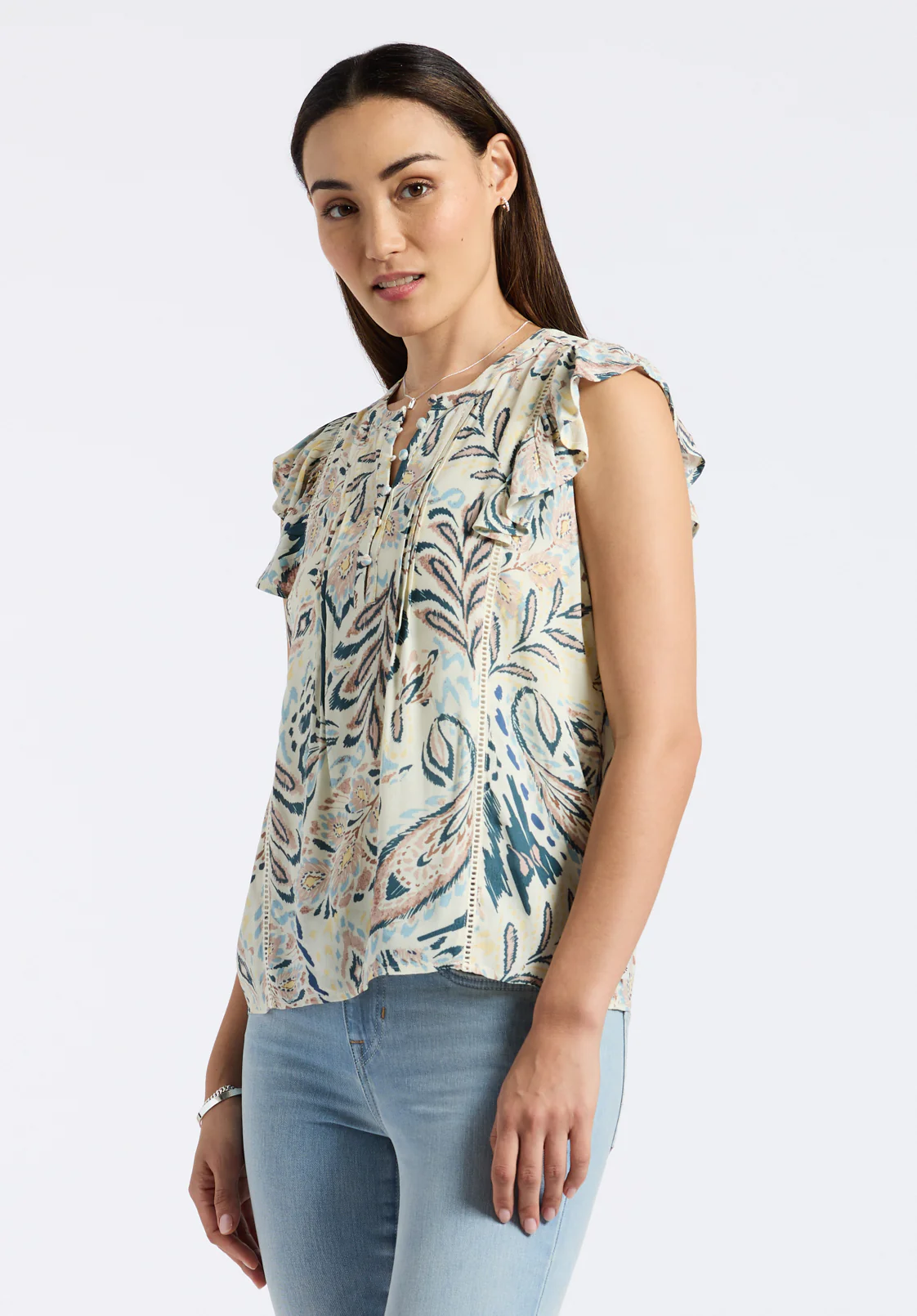 Tinlee Women's Sleeveless Floral Ruffle Blouse with Pintuck Details, Paisley - WT0175P - Image 3