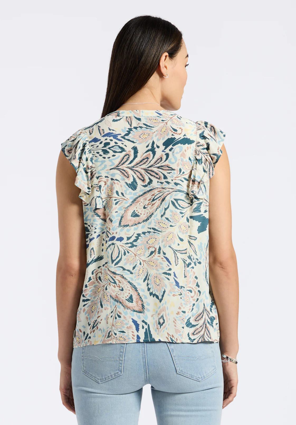 Tinlee Women's Sleeveless Floral Ruffle Blouse with Pintuck Details, Paisley - WT0175P - Image 4
