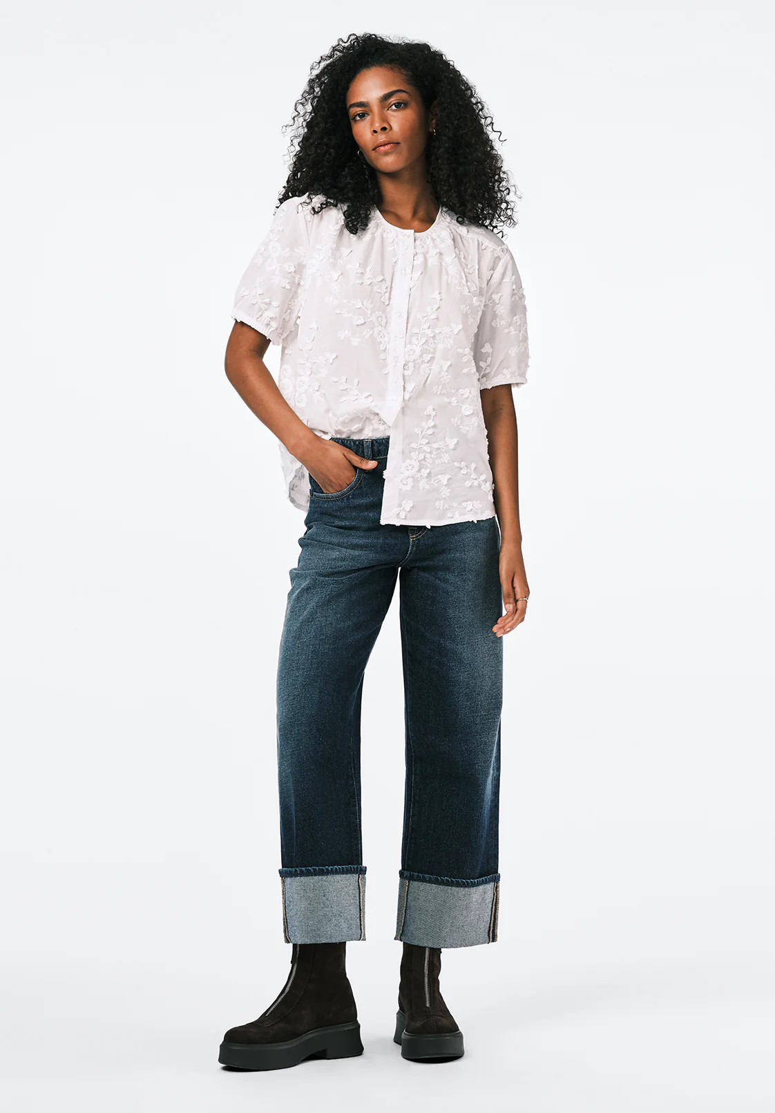 Titha Women's Embroidered Organza Blouse with Puff Sleeves, White - WT0209