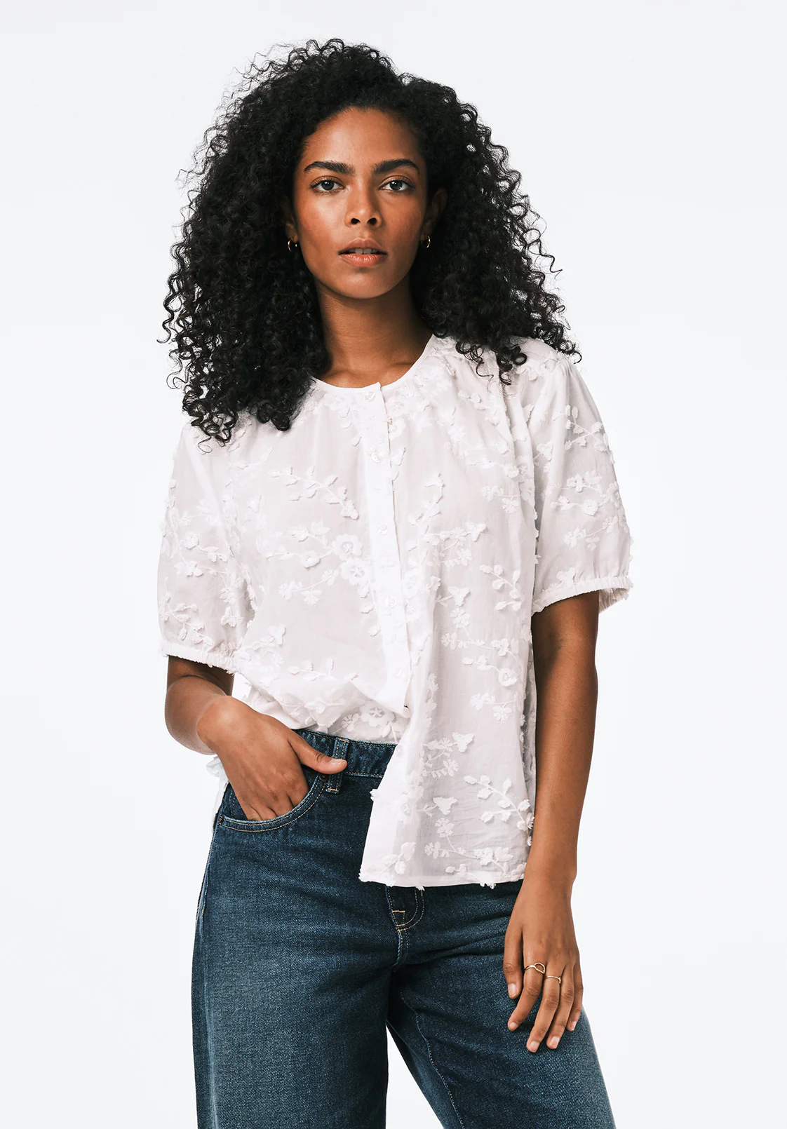 Titha Women's Embroidered Organza Blouse with Puff Sleeves, White - WT0209 - Image 2