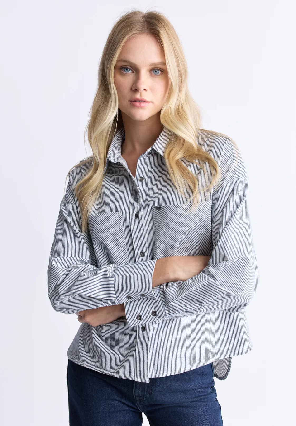 Twyla Women's Boxy Striped Button-Up Shirt, Whale & White - WT0084H - Image 2
