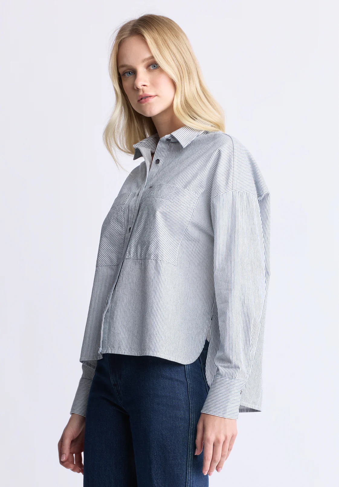 Twyla Women's Boxy Striped Button-Up Shirt, Whale & White - WT0084H - Image 3