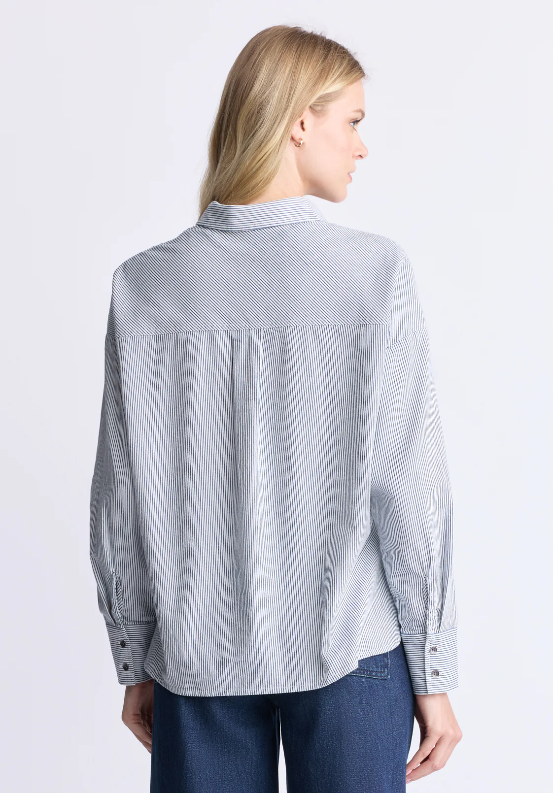 Twyla Women's Boxy Striped Button-Up Shirt, Whale & White - WT0084H - Image 4