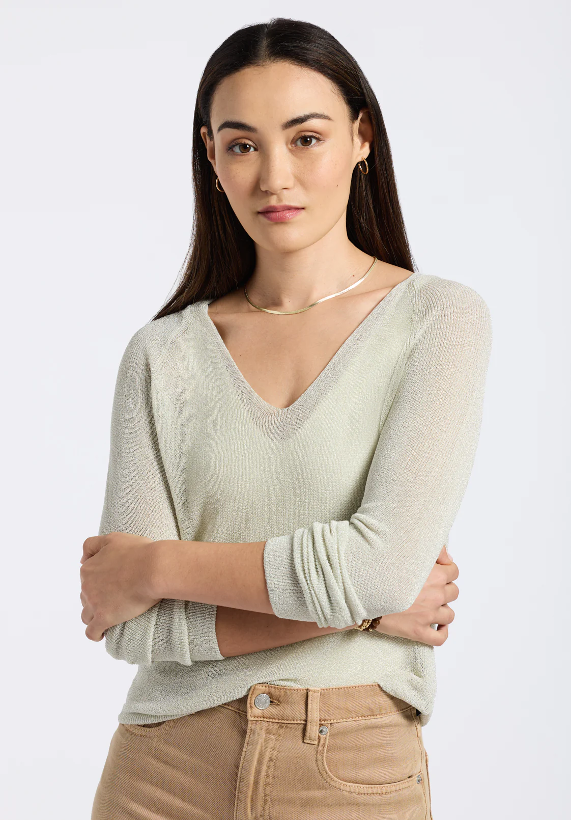 Valencianna Women's V-Neck Lightweight Knit Sweater, Flax Green - SW0126P - Image 4
