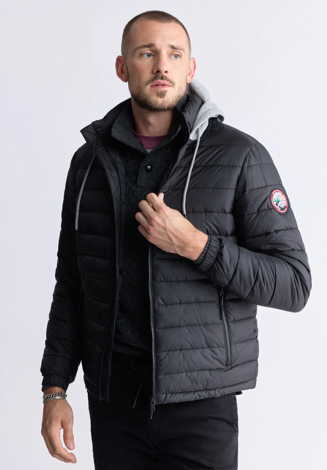 Vince Men’s Quilted Puffer Zip-Up Jacket with Contrasting Hoodie, Black - OBMFE003 - Image 3