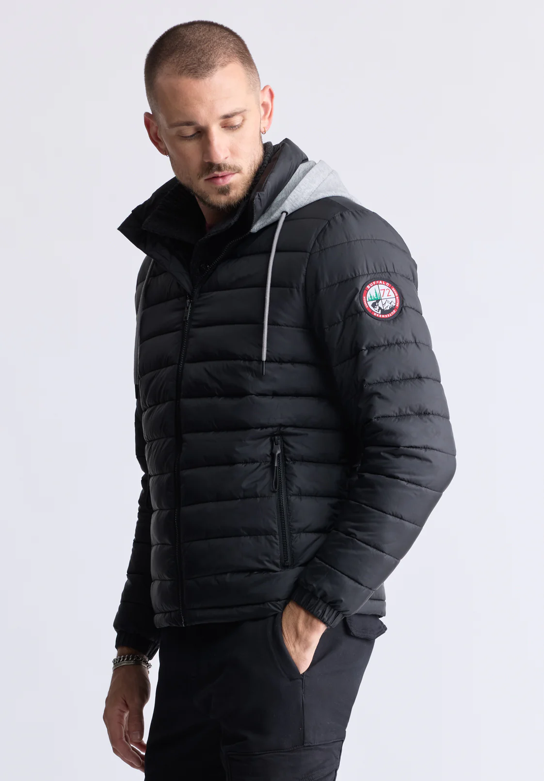 Vince Men’s Quilted Puffer Zip-Up Jacket with Contrasting Hoodie, Black - OBMFE003 - Image 4