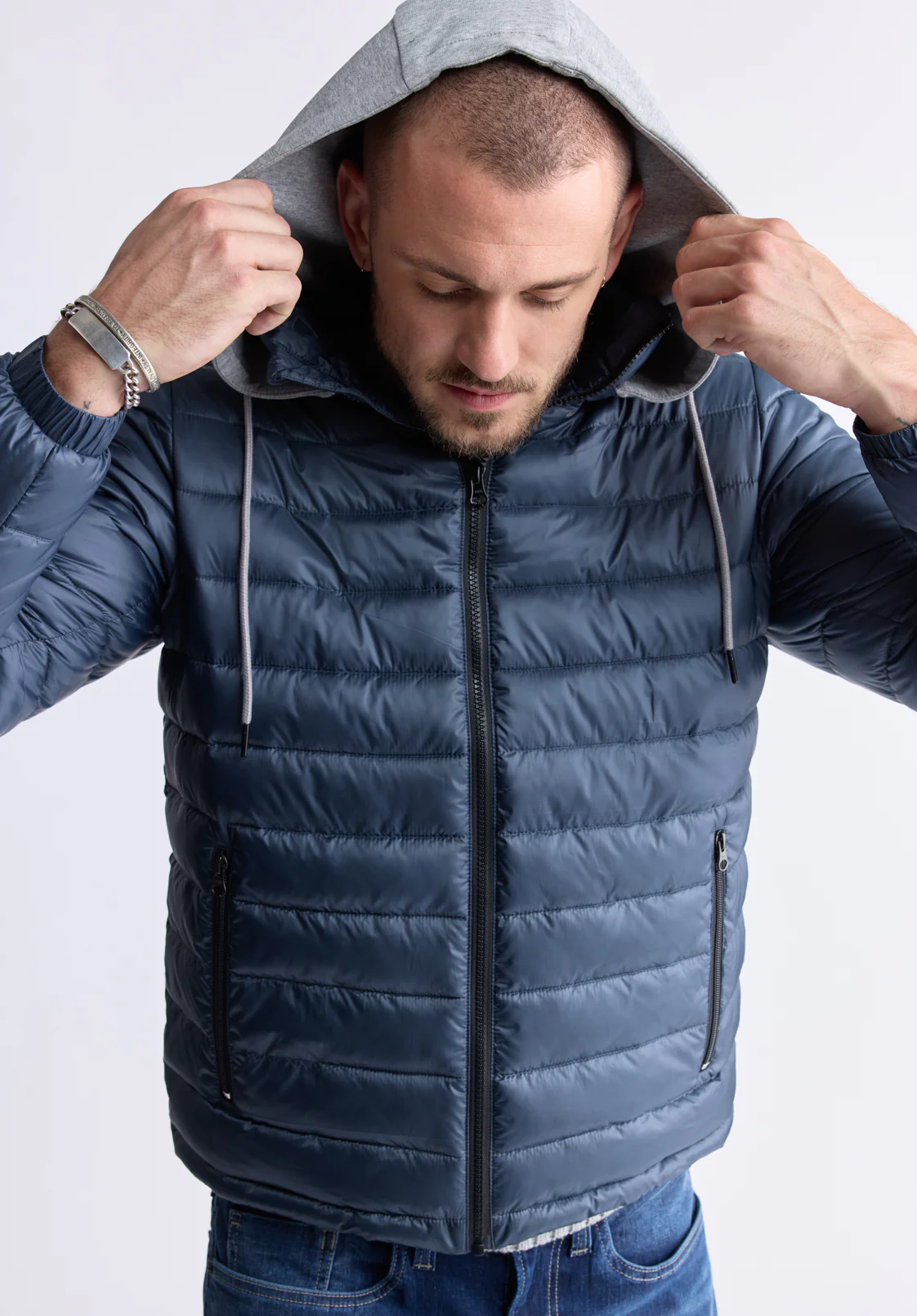 Vince Men’s Quilted Puffer Zip-Up Jacket with Contrasting Hoodie, Navy - OBMFE003 - Image 2