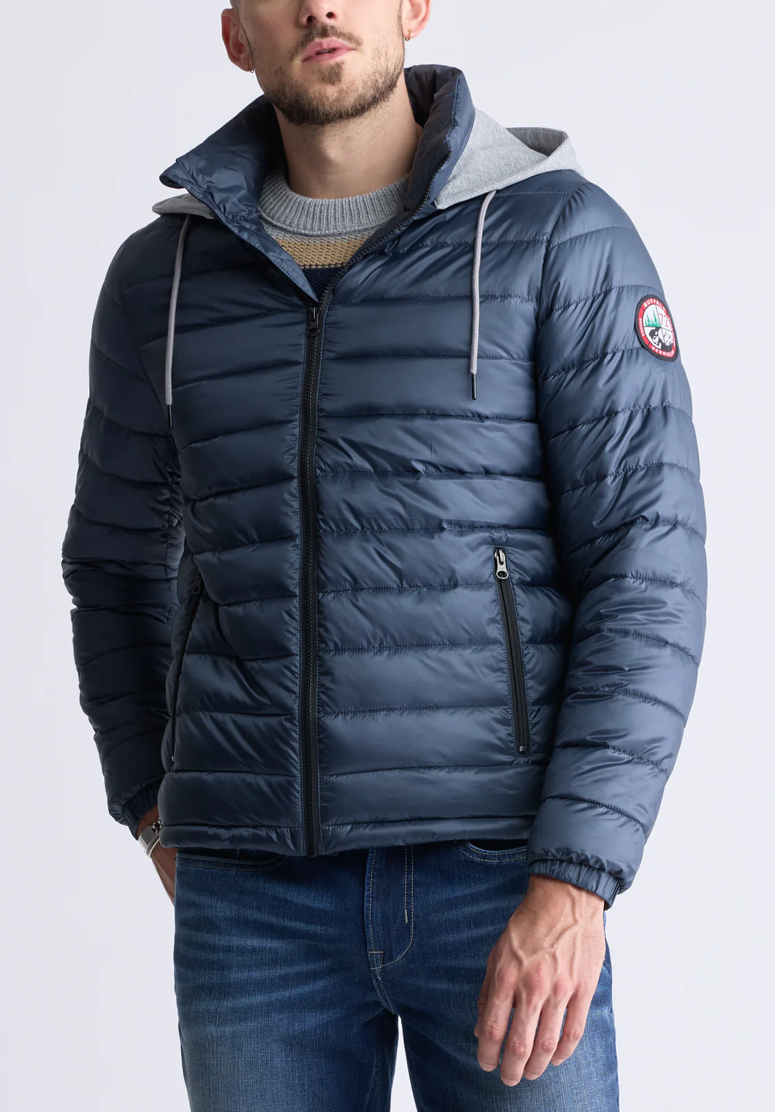 Vince Men’s Quilted Puffer Zip-Up Jacket with Contrasting Hoodie, Navy - OBMFE003 - Image 3