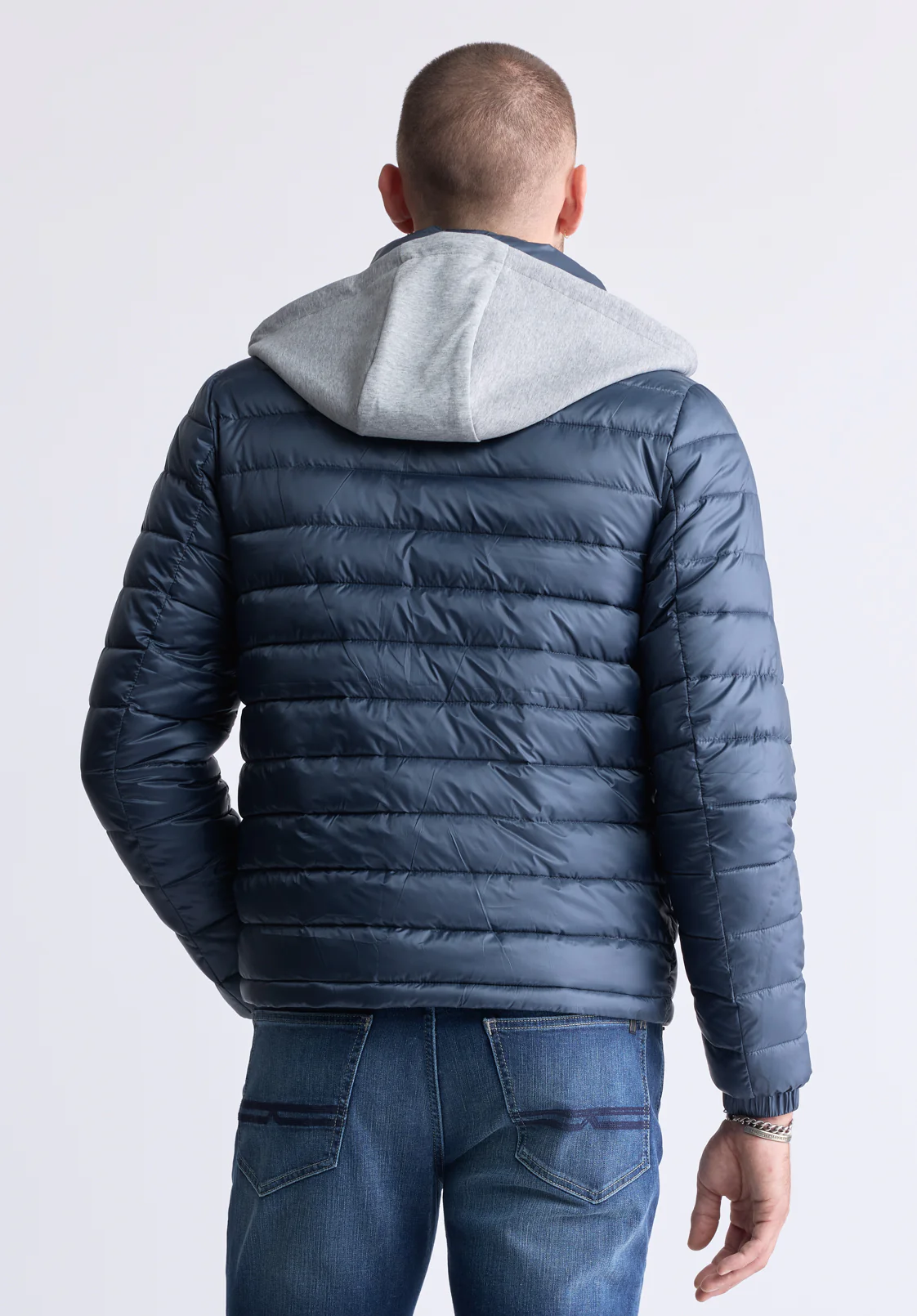Vince Men’s Quilted Puffer Zip-Up Jacket with Contrasting Hoodie, Navy - OBMFE003 - Image 5