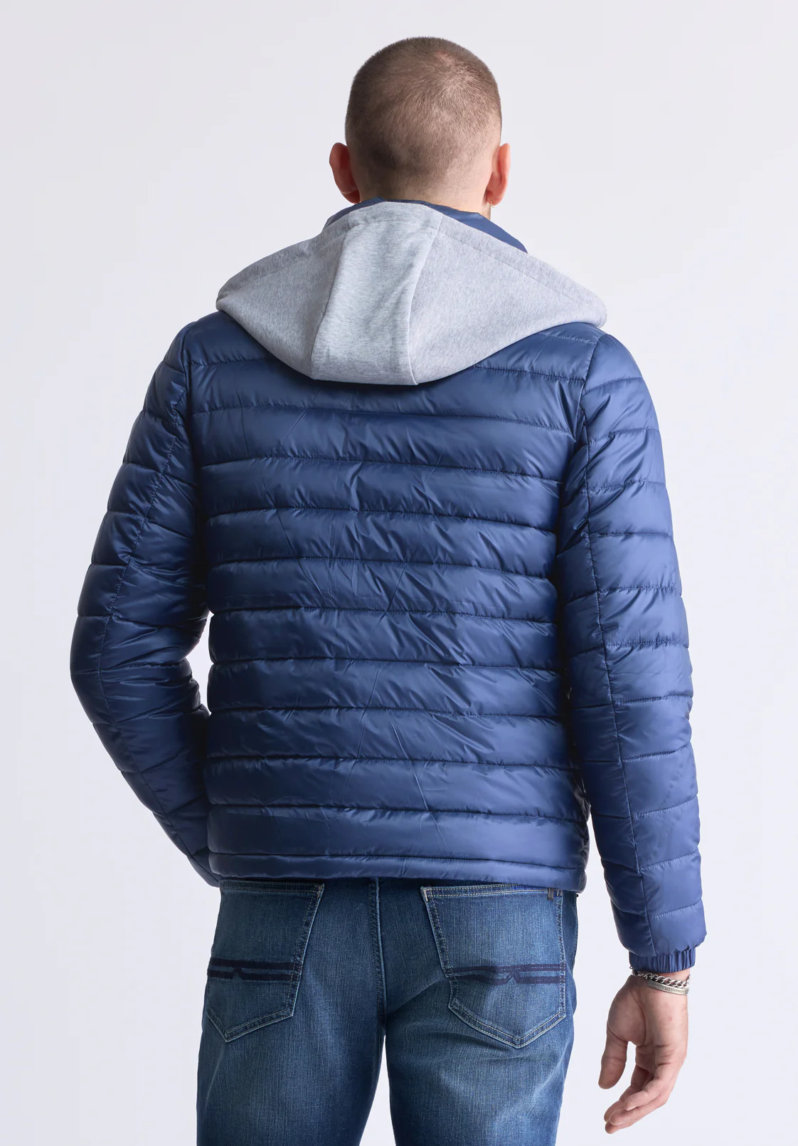 Vince Men’s Quilted Puffer Zip-Up Jacket with Contrasting Hoodie, Blue - OBMFE003 - Image 2