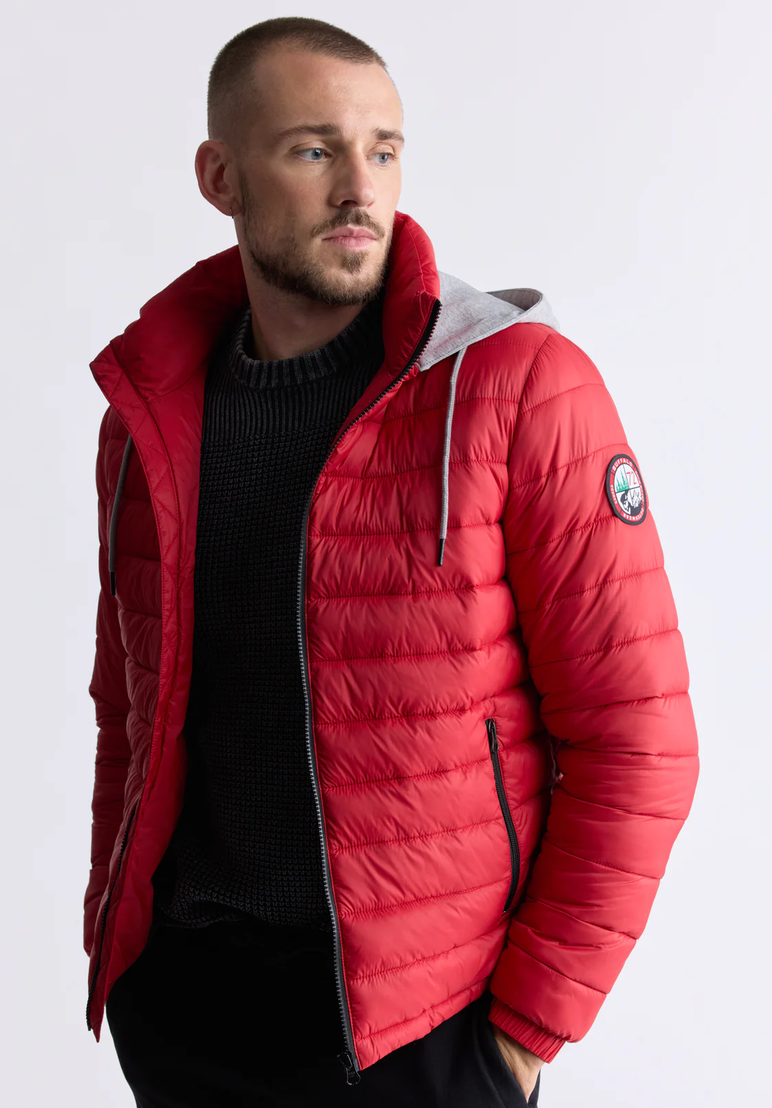 Vince Men’s Quilted Puffer Zip-Up Jacket with Contrasting Hoodie, Red - OBMFE003 - Image 2