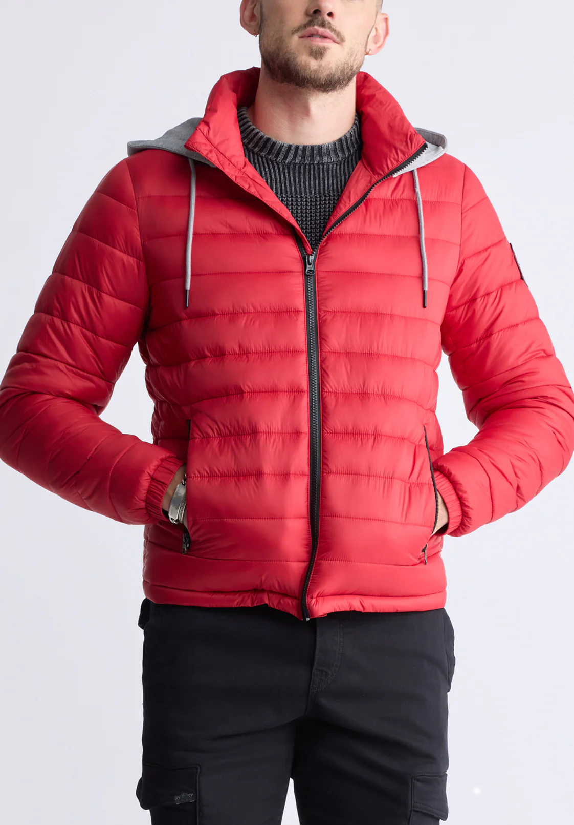 Vince Men’s Quilted Puffer Zip-Up Jacket with Contrasting Hoodie, Red - OBMFE003 - Image 3