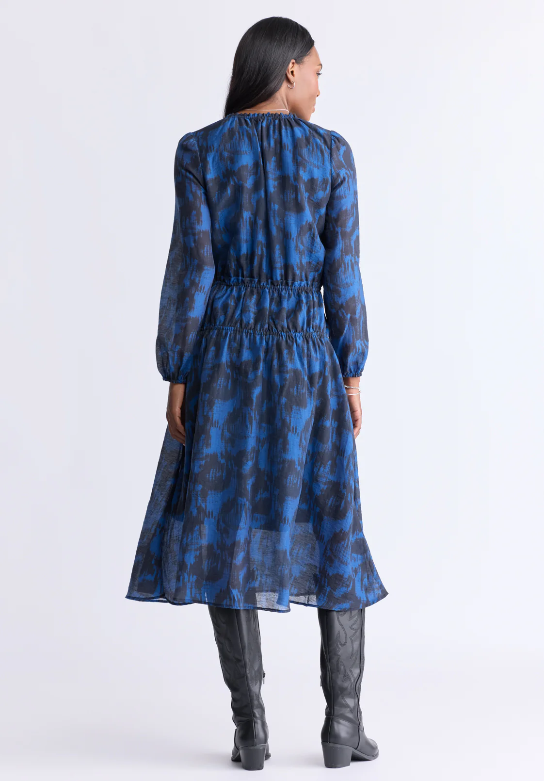 Virlen Women’s Long Sleeve Tie-neck Printed Midi Dress, Navy - WD0062F - Image 3