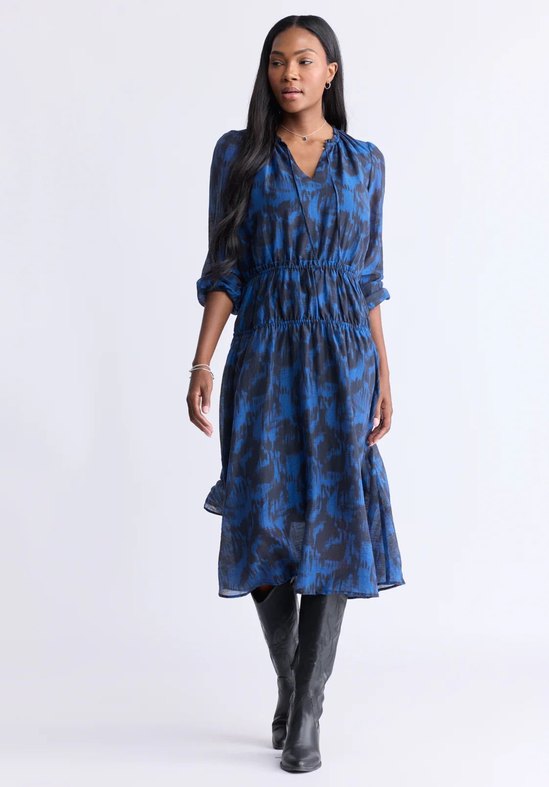 Virlen Women’s Long Sleeve Tie-neck Printed Midi Dress, Navy - WD0062F - Image 4