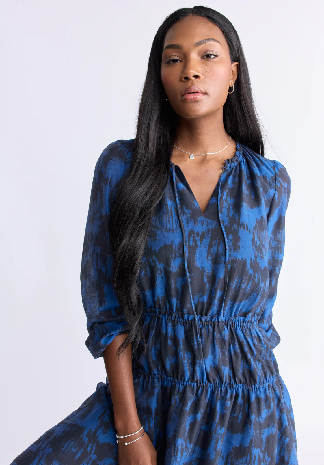 Virlen Women’s Long Sleeve Tie-neck Printed Midi Dress, Navy - WD0062F - Image 5