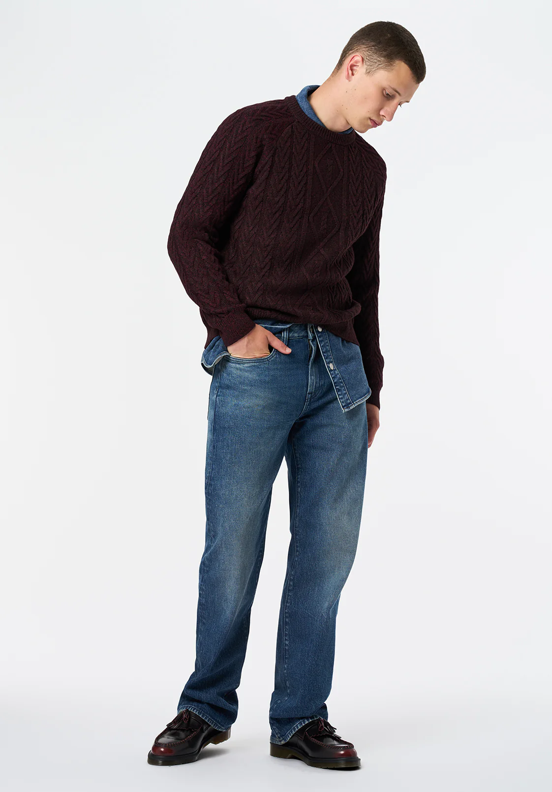 Walder Men's Relaxed Cable Knit Sweater, Maroon Banner - BM24771