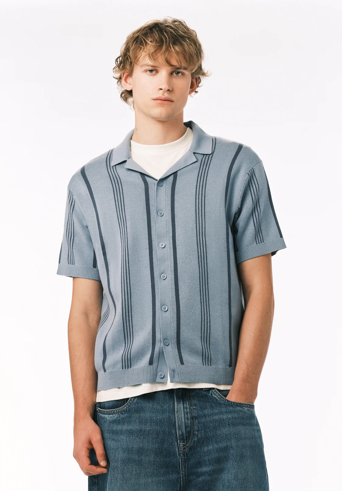 Waldir Men’s Short Sleeve Sweater Shirt, Faded Denim - BM24787 - Image 2