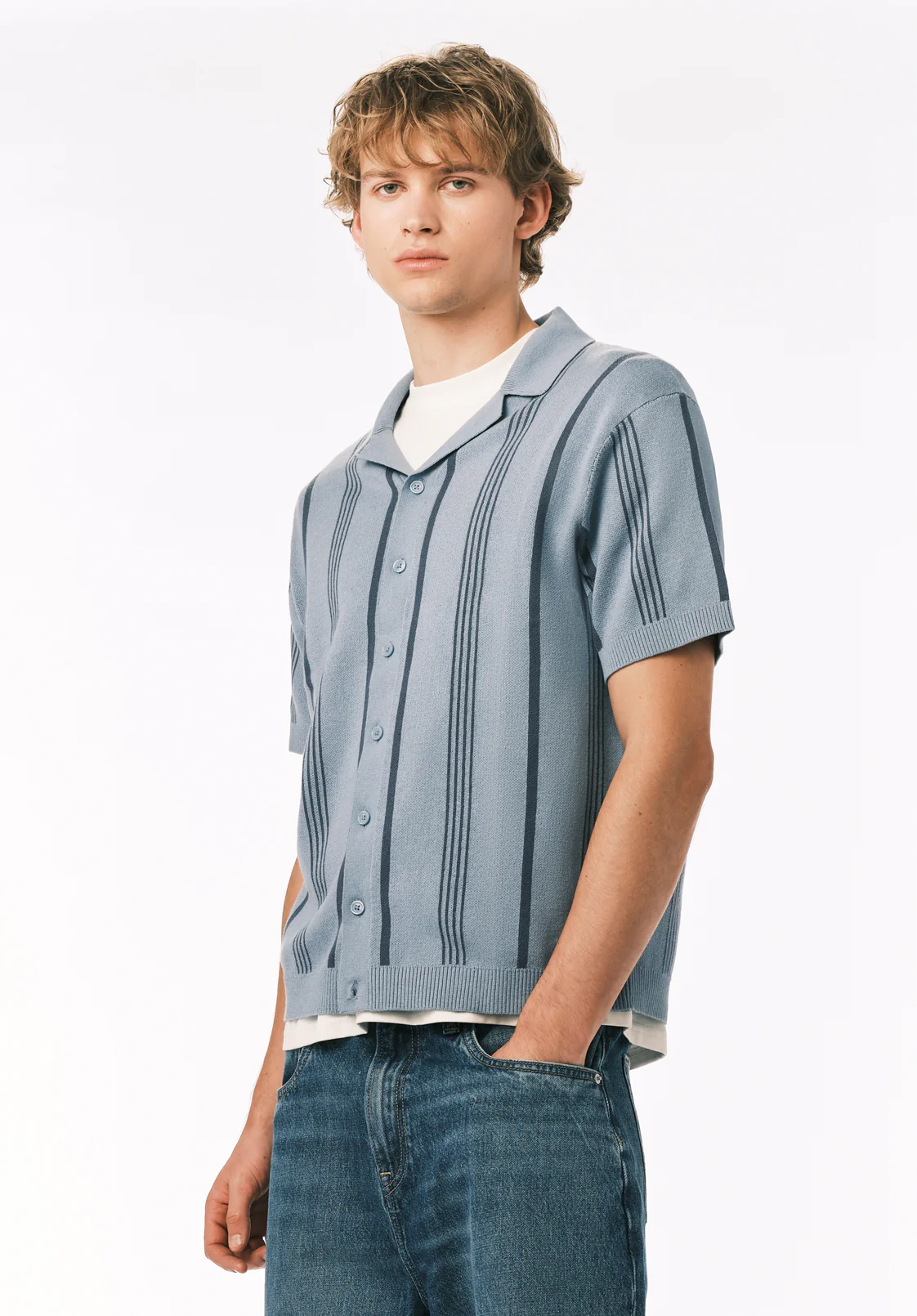 Waldir Men’s Short Sleeve Sweater Shirt, Faded Denim - BM24787 - Image 4