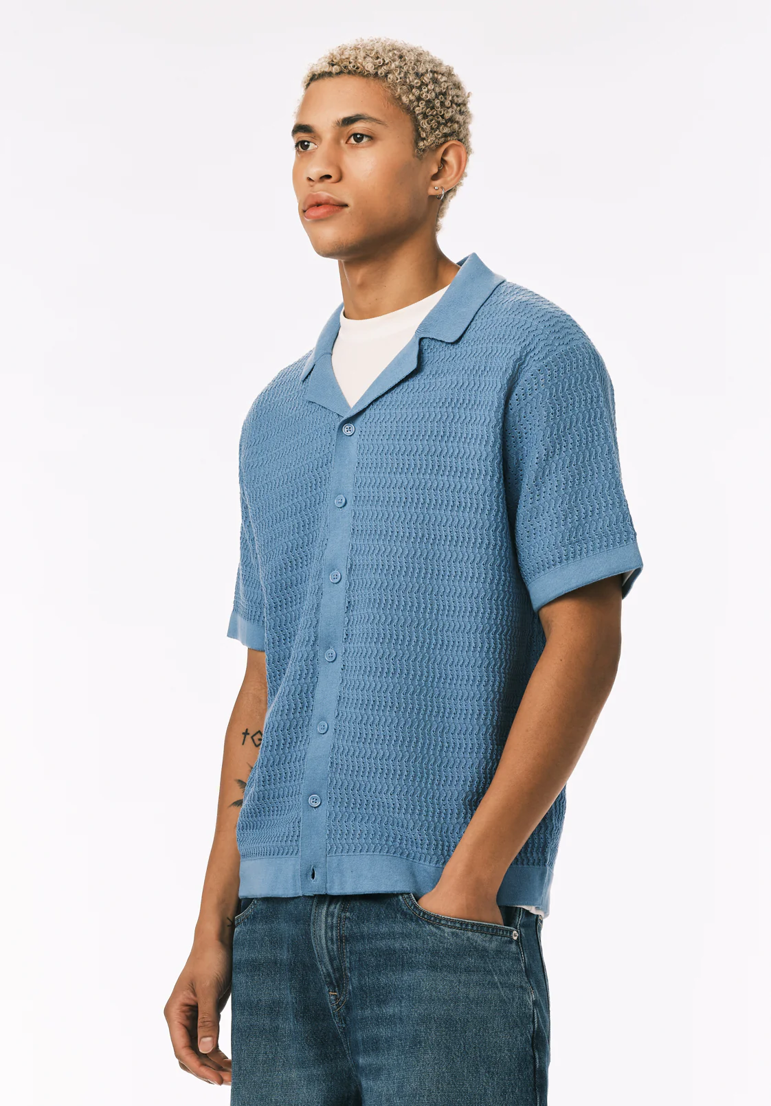 Waldir Men’s Short Sleeve Sweater Shirt, Silver Lake Blue - BM24795 - Image 3