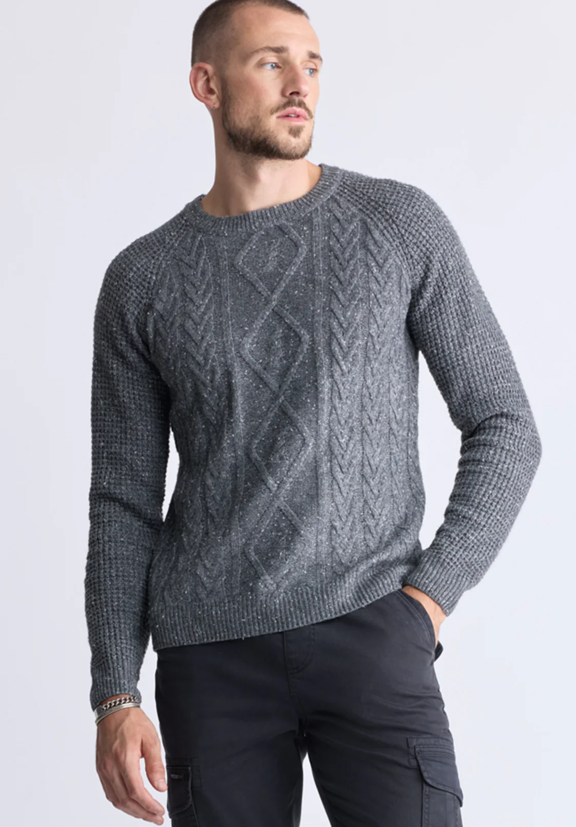 Wallaby Men’s Nep Yarn Cable Knit Crewneck Sweater, Grey - BM24417 - Image 3
