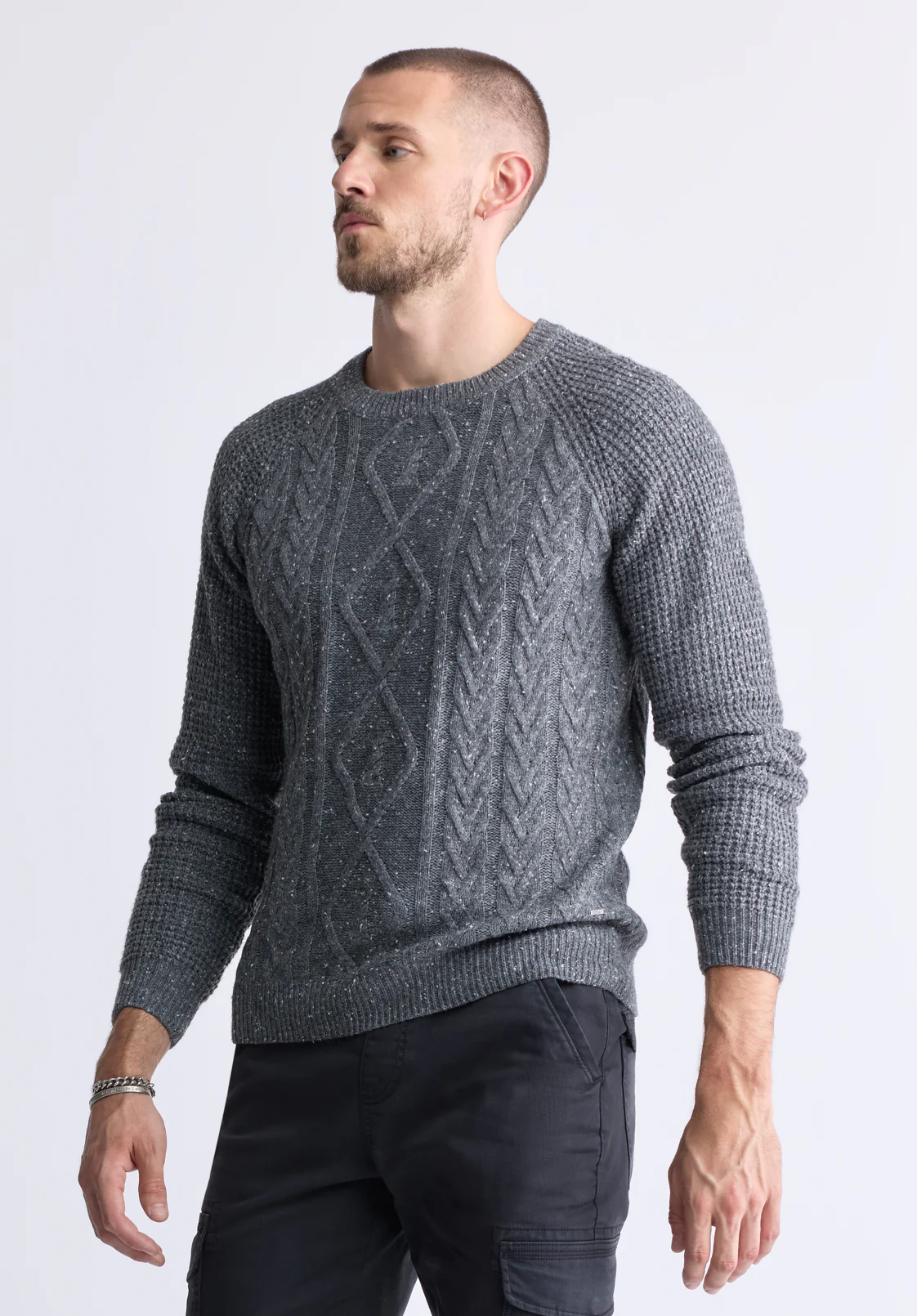 Wallaby Men’s Nep Yarn Cable Knit Crewneck Sweater, Grey - BM24417 - Image 5