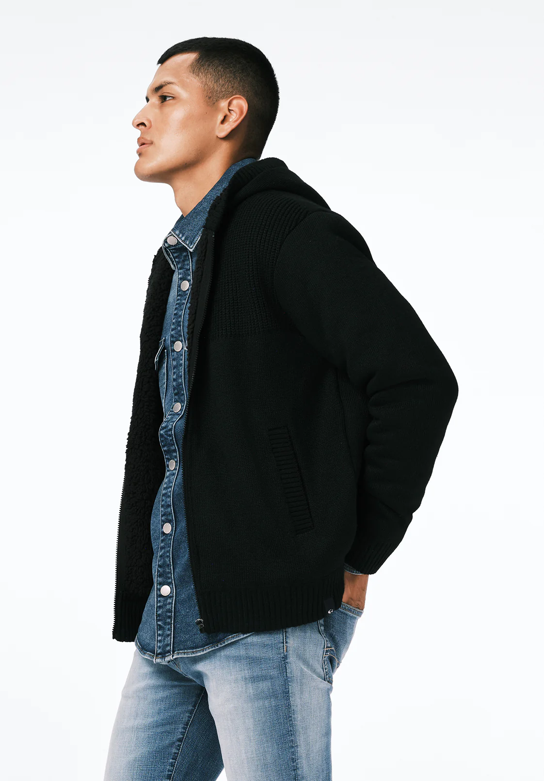 Walmick Men's Full-Zip Knit Hooded Jacket with Sherpa Lining, Black - BM24739 - Image 3